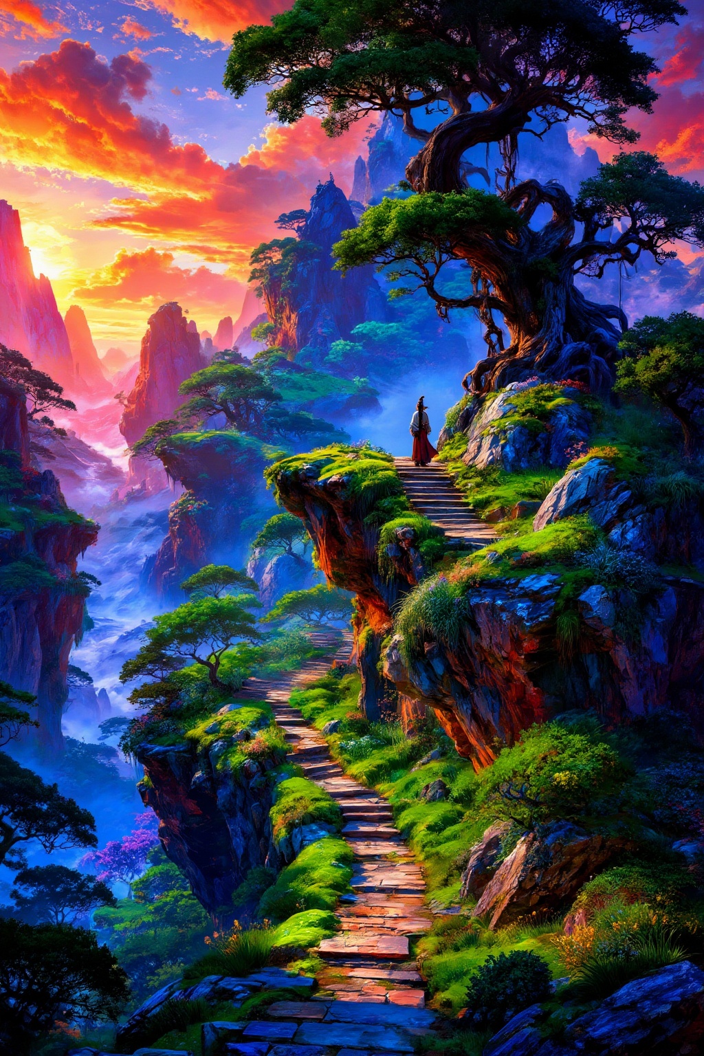 A vibrant,  digital fantasy landscape at sunset,  featuring a stone path winding along a cliffside on Tensor.Art