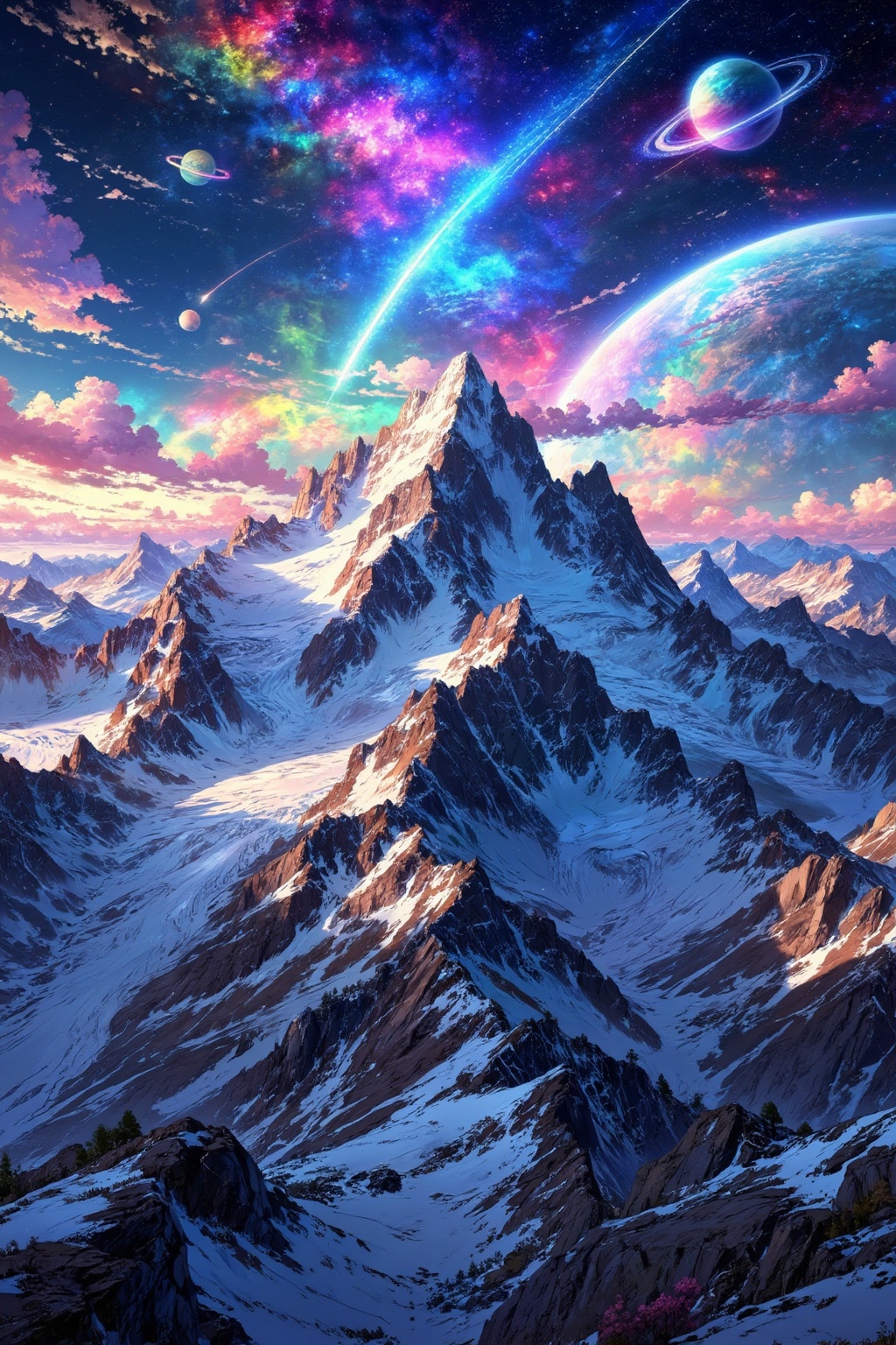 Masterpiece,  ultra-high resolution,  centered epic composition. A breathtaking anime-style mountain range under a surreal...