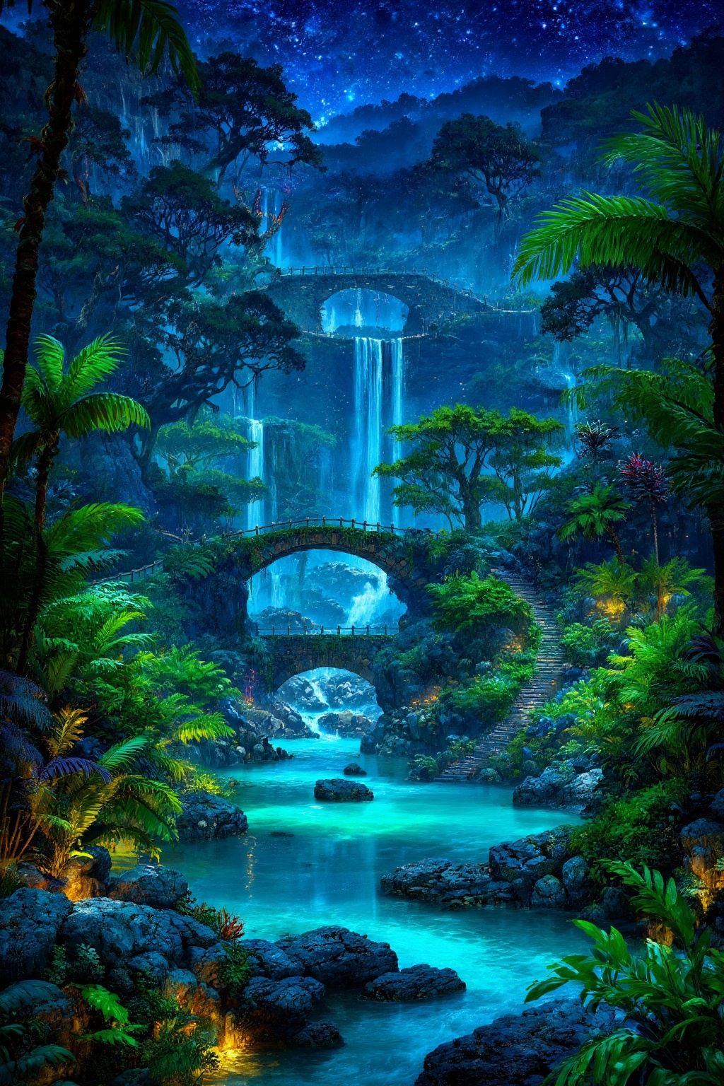 A vividly detailed digital painting of a lush,  tropical landscape with cascading waterfalls,  winding stone bridges on Te...