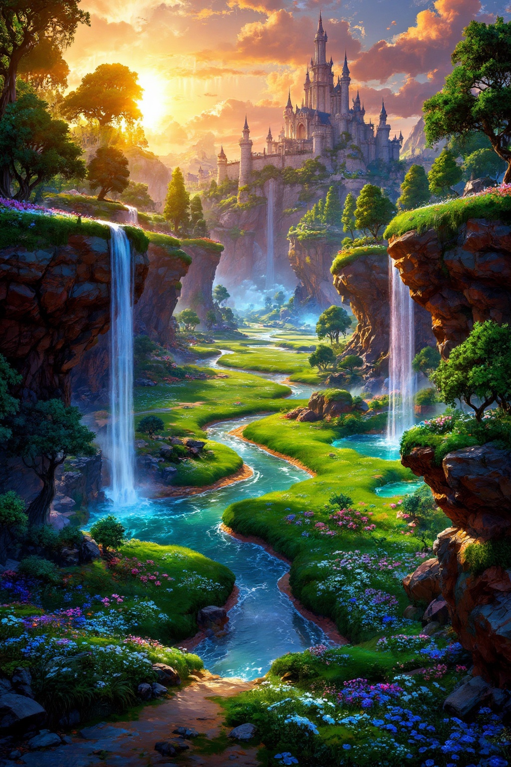 A vibrant,  digital fantasy landscape depicting a majestic castle at sunset,  with cascading waterfalls on Tensor.Art