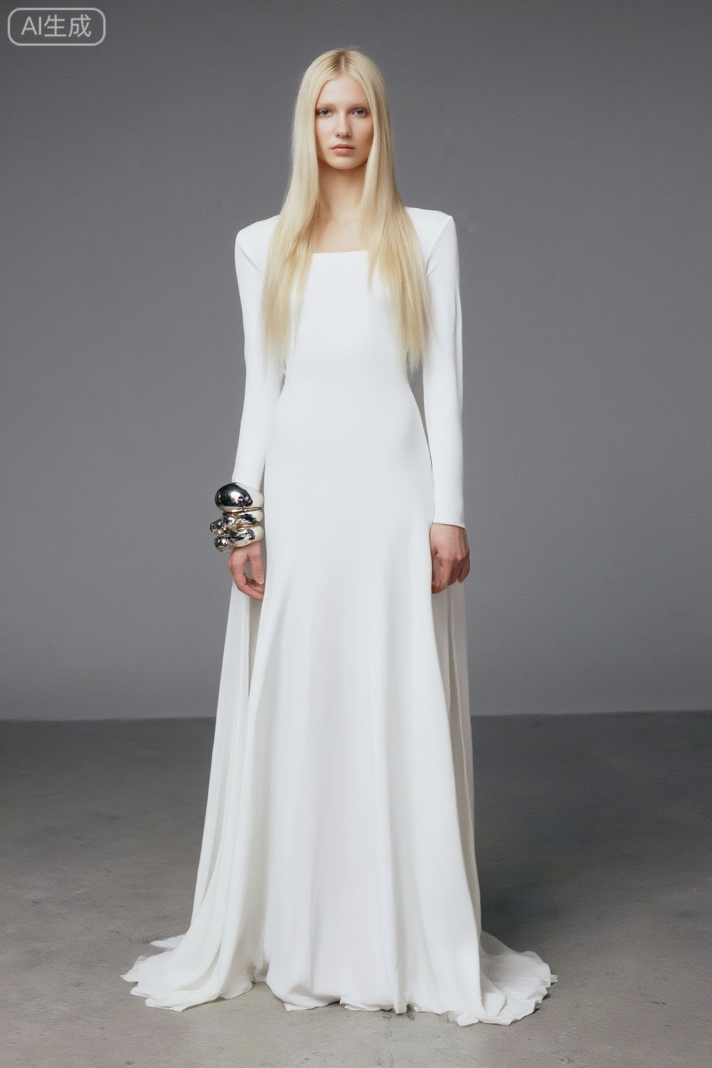 girl

solo

long hair

looking at viewer

blonde hair

long sleeves

dress

jewelry

standing

full body

white dress

lips

realistic

photorealistic

,fashion show