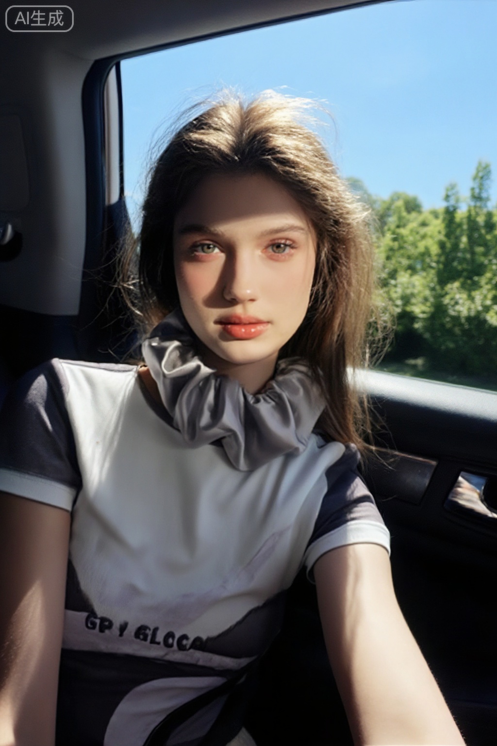 人像摄影,日常快照风格,非精心构图或打光,发圈,美女靠在座椅上,身着时尚T恤,坐在小轿车后座,外面是蓝天和树木,阳光透过窗户,发丝发光清晰,脸部高亮,高对比度,表情可爱心,fashion show