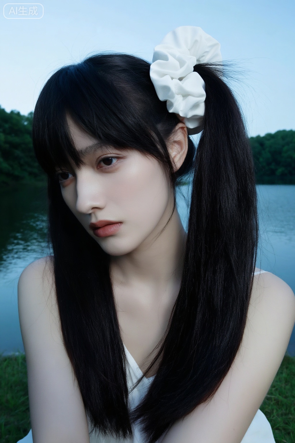 真人质感,最高画质。女主皮肤白皙,五官立体,超长发美女,发量多,白色大肠发圈束高马尾,其余长发自然散落垂下,忧郁故事感,背景是户外,可以看到树林和湖,天空比较亮,冷调。