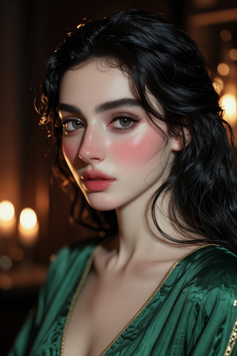 [Professional studio portrait photograph of] Semi-realistic close-up portrait of a beautiful Middle Eastern woman with oli...