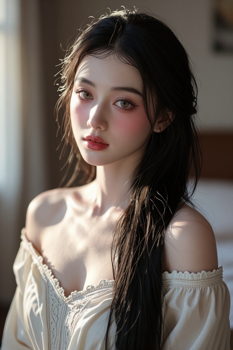 [Professional studio portrait photograph of] Semi-realistic close-up portrait of a beautiful East Asian woman with flawles...