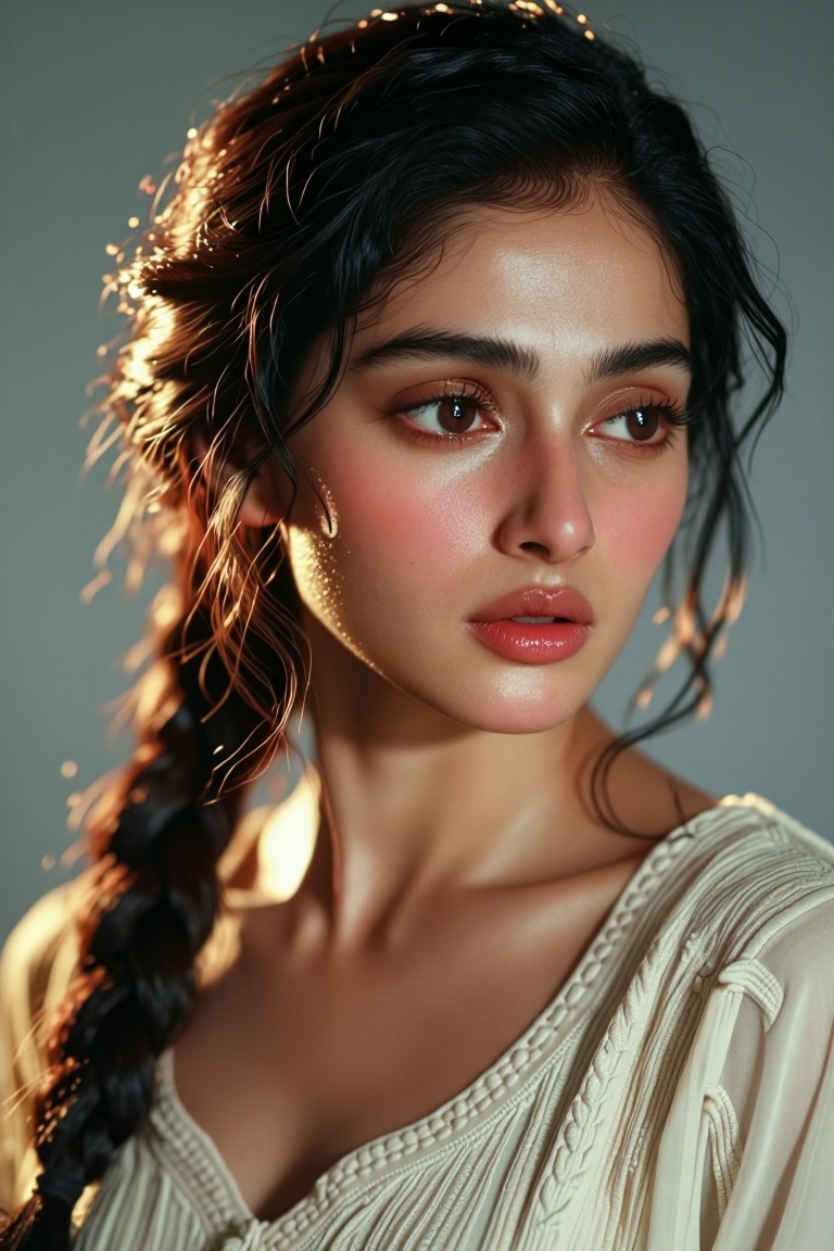 [Professional studio portrait photograph of] Semi-realistic close-up portrait of a beautiful South Asian woman with warm g...