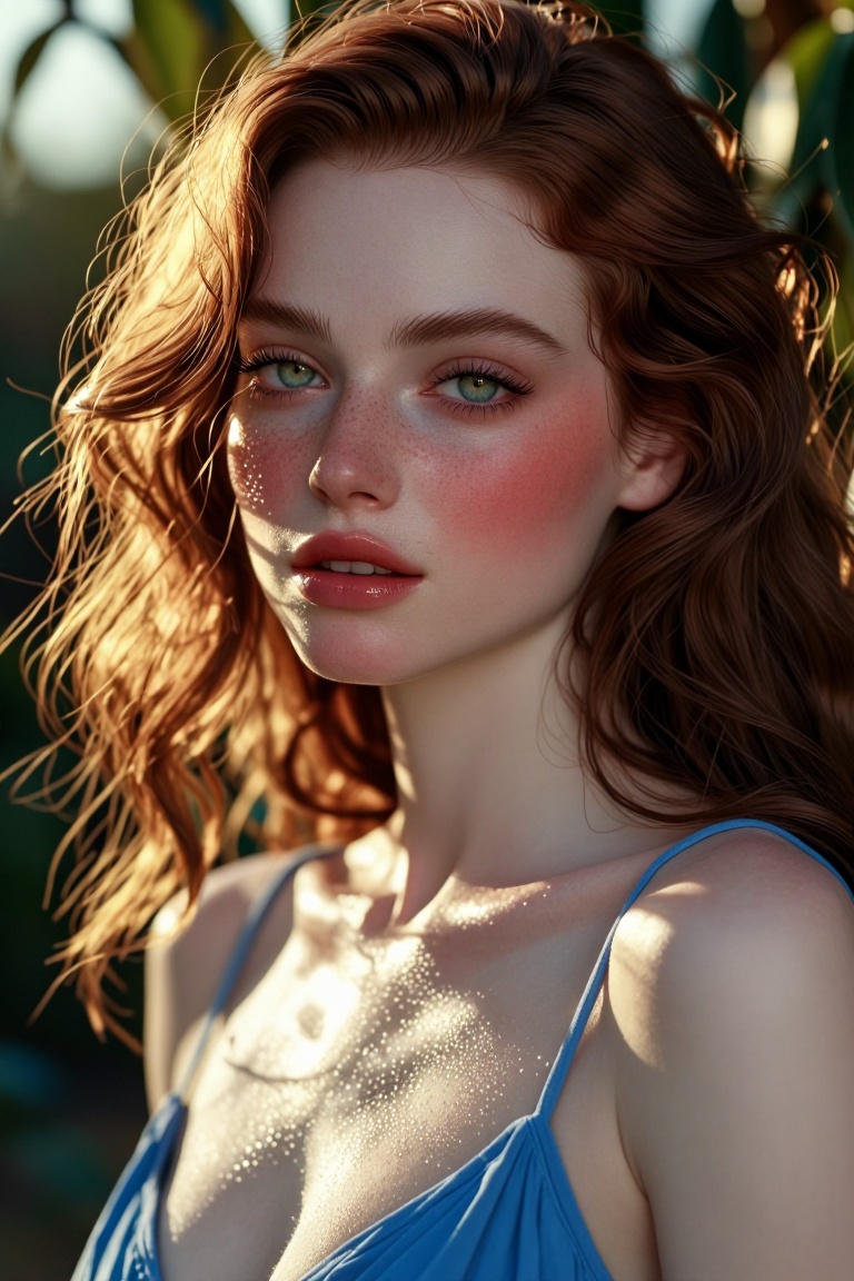 [Professional studio portrait photograph of] Semi-realistic close-up portrait of a beautiful Caucasian woman with freckles...