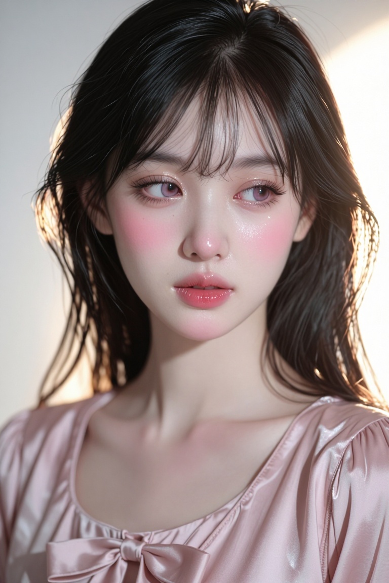 [Professional studio portrait photograph of] Semi-realistic close-up portrait of a beautiful Southeast Asian woman with gl...