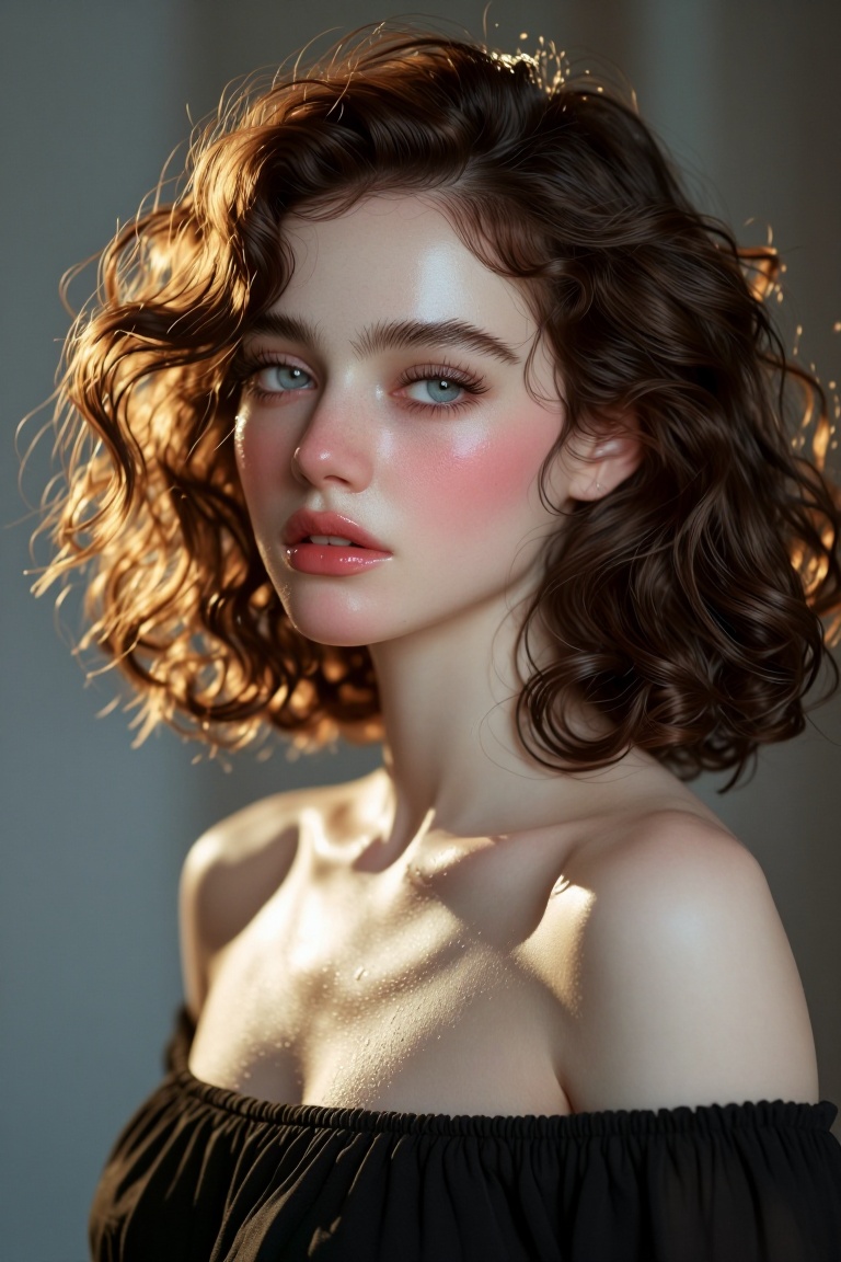 [Professional studio portrait photograph of] Semi-realistic close-up portrait of a beautiful mixed-race woman with warm ca...