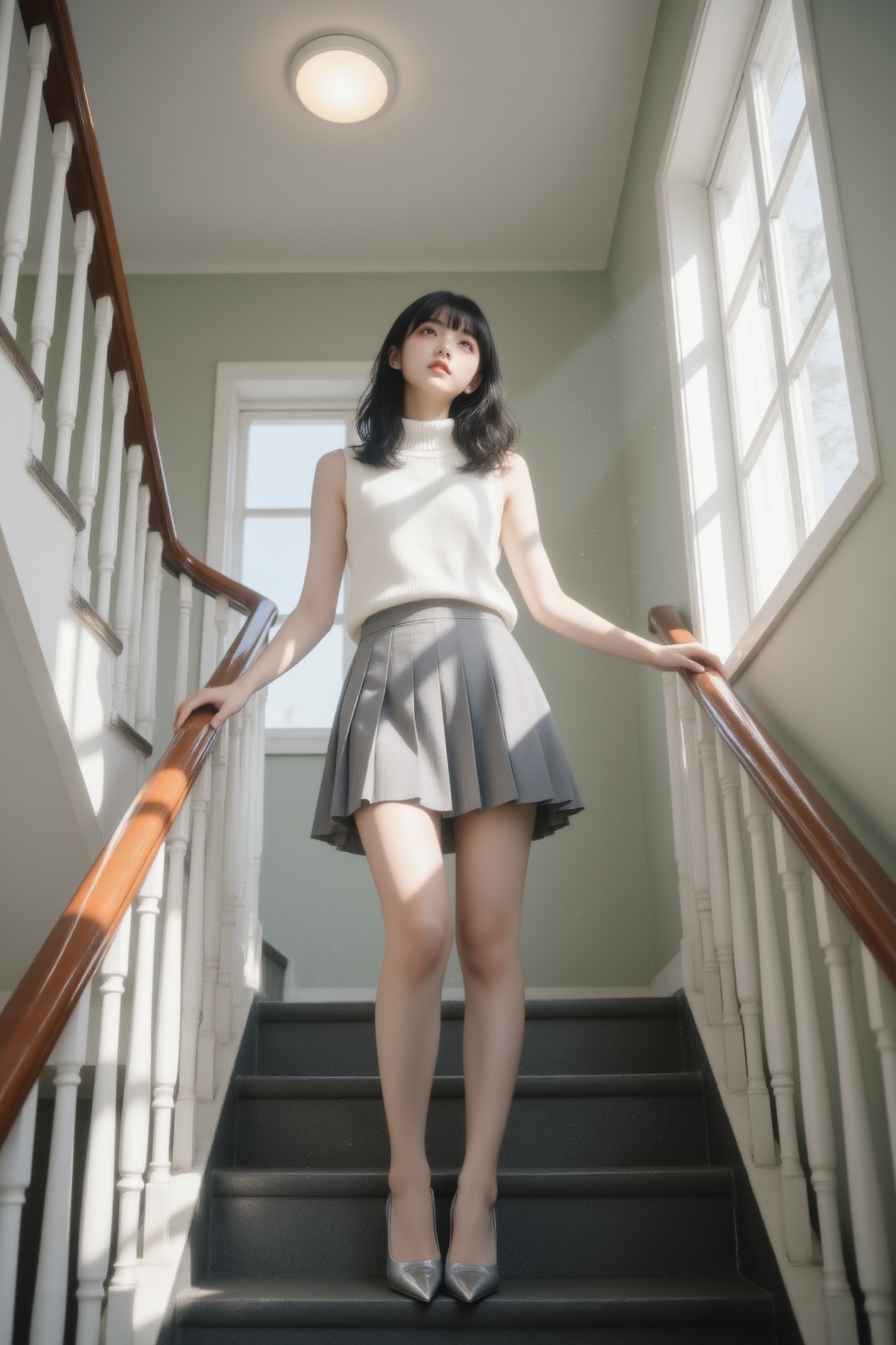 masterpiece,  best quality,  一位年轻女性站在室内楼梯上 on Tensor.Art