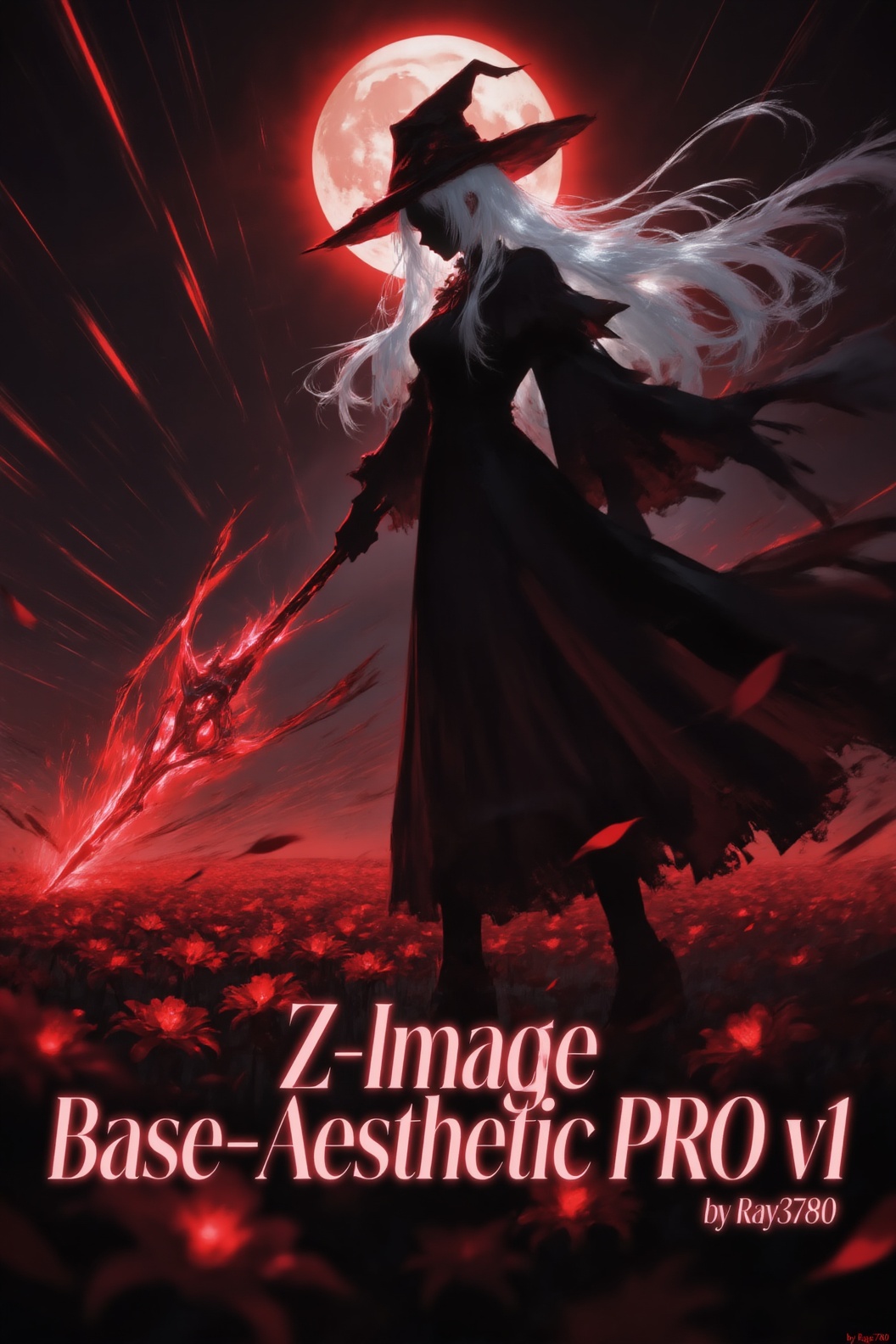 居右侧的魔女背影半身剪影,  弥散质感,  黑色红底魔法帽 on Tensor.Art