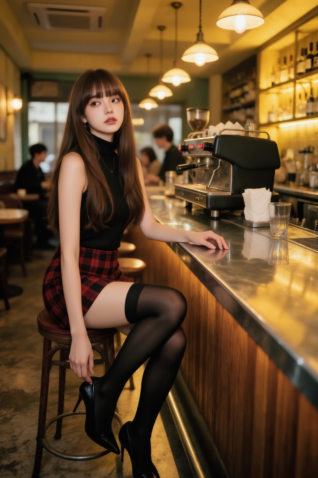 masterpiece,  best quality,  一位年轻女性坐在复古风格的咖啡馆吧台边缘 on Tensor.Art