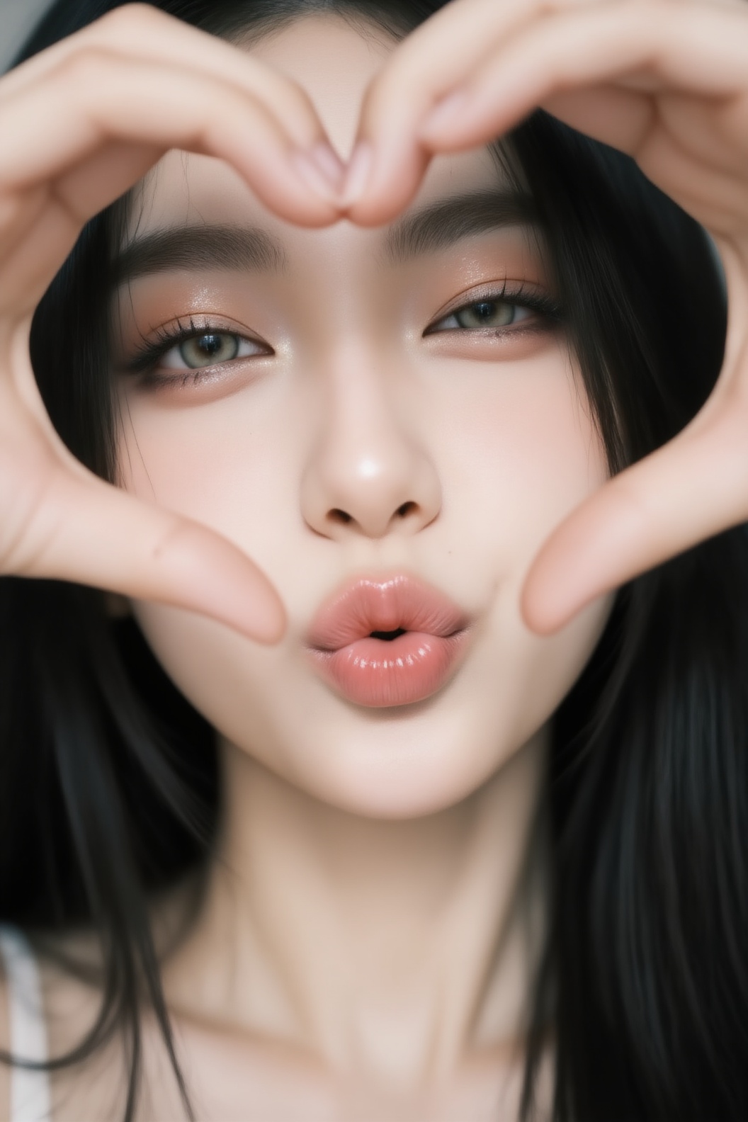 这是一张近距离特写肖像,  拍摄对象是一位年轻的亚洲女性,  她正面对着镜头。她的脸占据了整个画面 on Tensor.Art