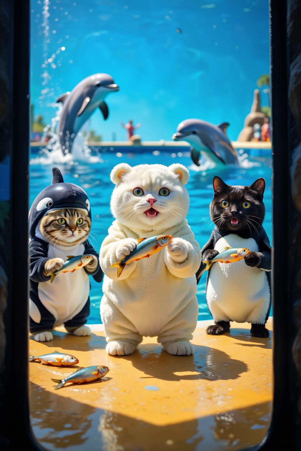 Superior quality. Inspiration: Plush suits,  adorable cats,  ocean theme parks. Visuals: In an ocean theme park on Tensor.Art