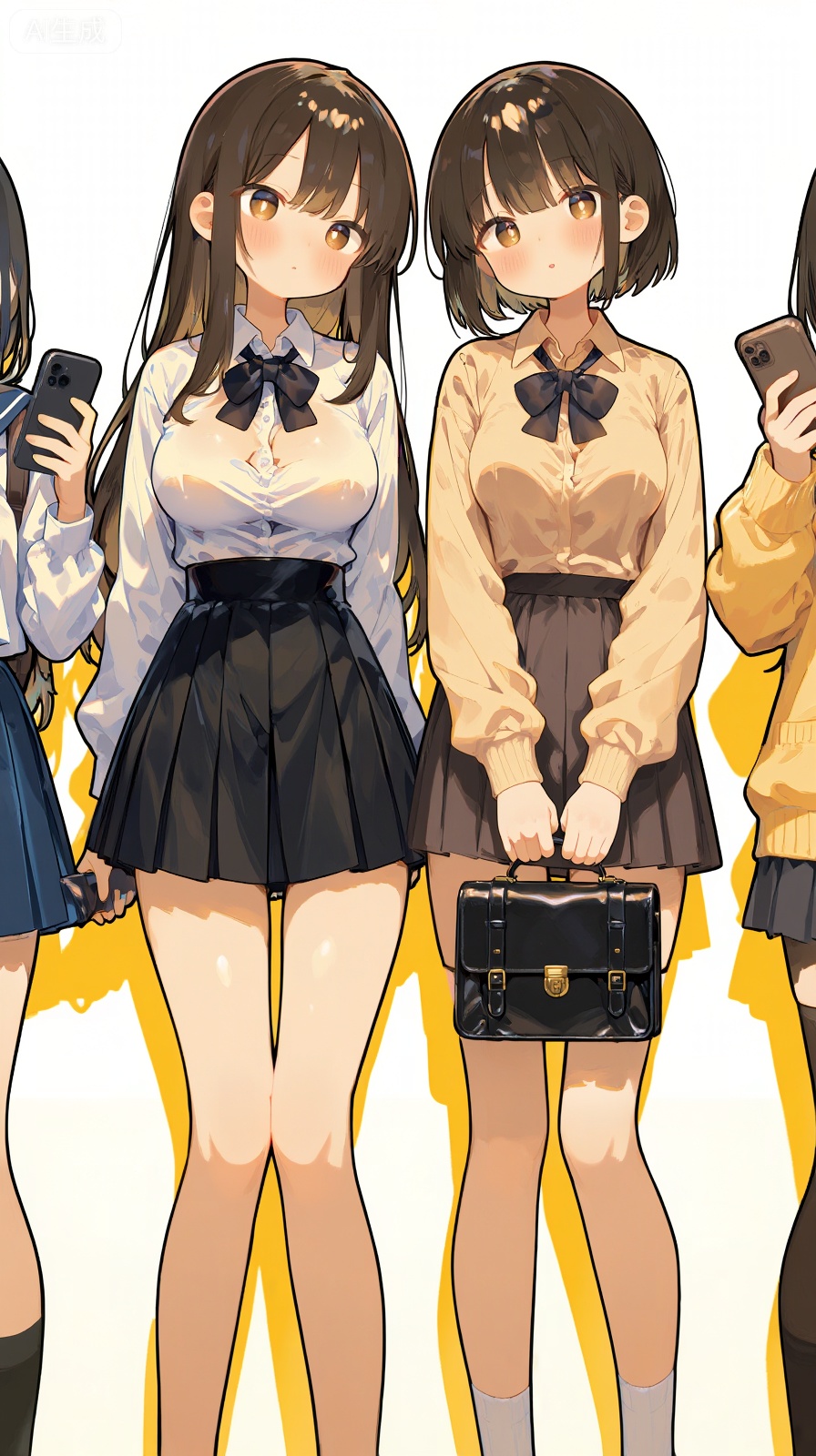 bf,2girls, bag, bow, bowtie, breasts, handbag, high-waist skirt, holding, holding bag, holding phone, long hair, long sleeves, miniskirt, multiple girls, phone, pleated skirt, school bag, school uniform, shadow, shirt, short hair, skirt, sweater, childhood friend-chan (pen nee (pensis)), onee-san (pen nee (pensis))