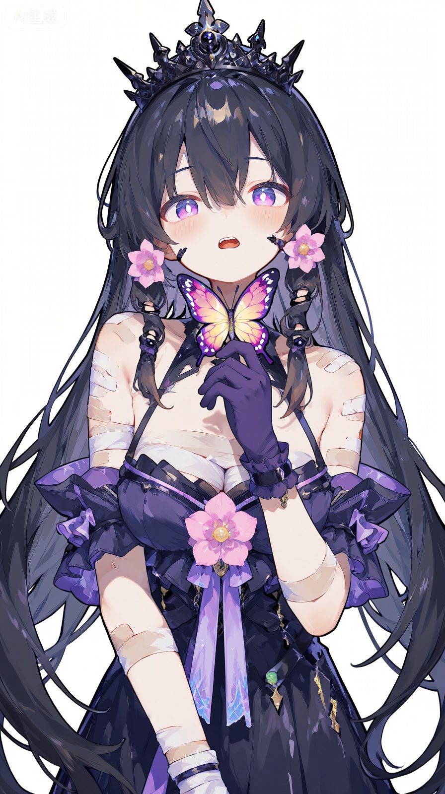 bf,1girl, bandages, bare shoulders, black tiara, bug, butterfly, butterfly on hand, chest sarashi, flower, frills, gloves, hair intakes, insect, long hair, looking at viewer, parted lips, pink flower, purple eyes, purple flower, purple gloves, sarashi, simple background, solo, tiara, upper body, very long hair, white background, wrist cuffs, castorice (honkai: star rail)