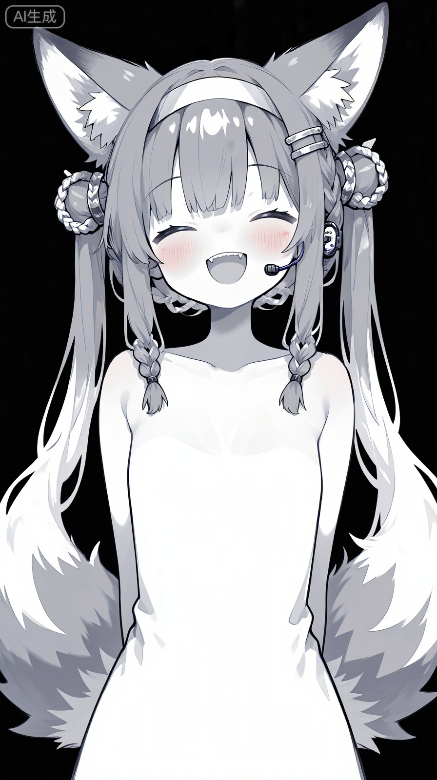 bf,1girl, :d, animal ear fluff, animal ears, blush, braid, braided hair rings, closed eyes, earpiece, fang, fox ears, fox girl, hair rings, hairband, monochrome, open mouth, smile, solo, tail, twin braids, suzuran (arknights)