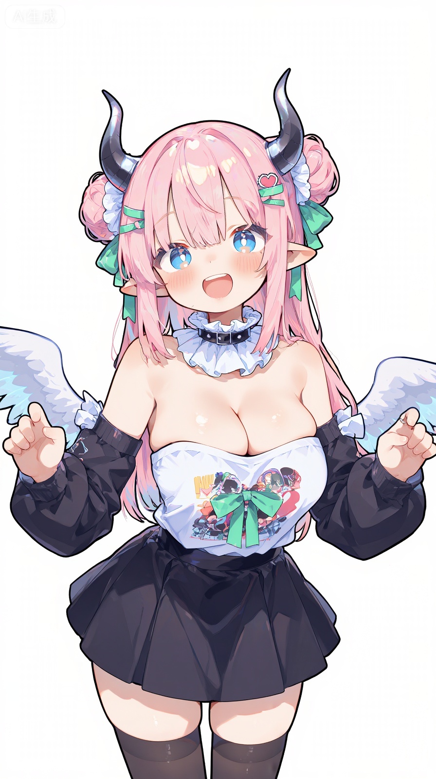 bf,1girl, :d, bare shoulders, black skirt, black sleeves, black thighhighs, blue eyes, blush, breasts, choker, cowboy shot, detached sleeves, double bun, feathered wings, frilled choker, frills, green ribbon, hair bun, hair intakes, hair ribbon, heart, heart print, horns, large breasts, long hair, long sleeves, looking at viewer, miniskirt, open mouth, pink hair, pleated skirt, pointy ears, print shirt, ribbon, shirt, single horn, skirt, smile, solo, strapless, strapless shirt, thighhighs, twitter username, white shirt, white wings, wings