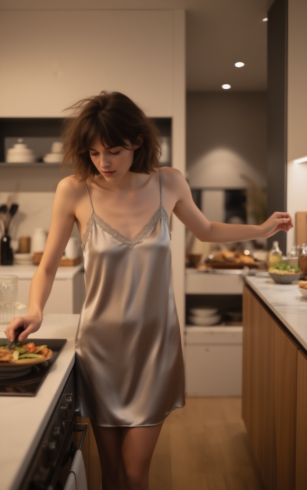 A candid evening kitchen scene in a modern apartment. An urban 20yo woman casually prepares a simple meal,  wearing silk h...