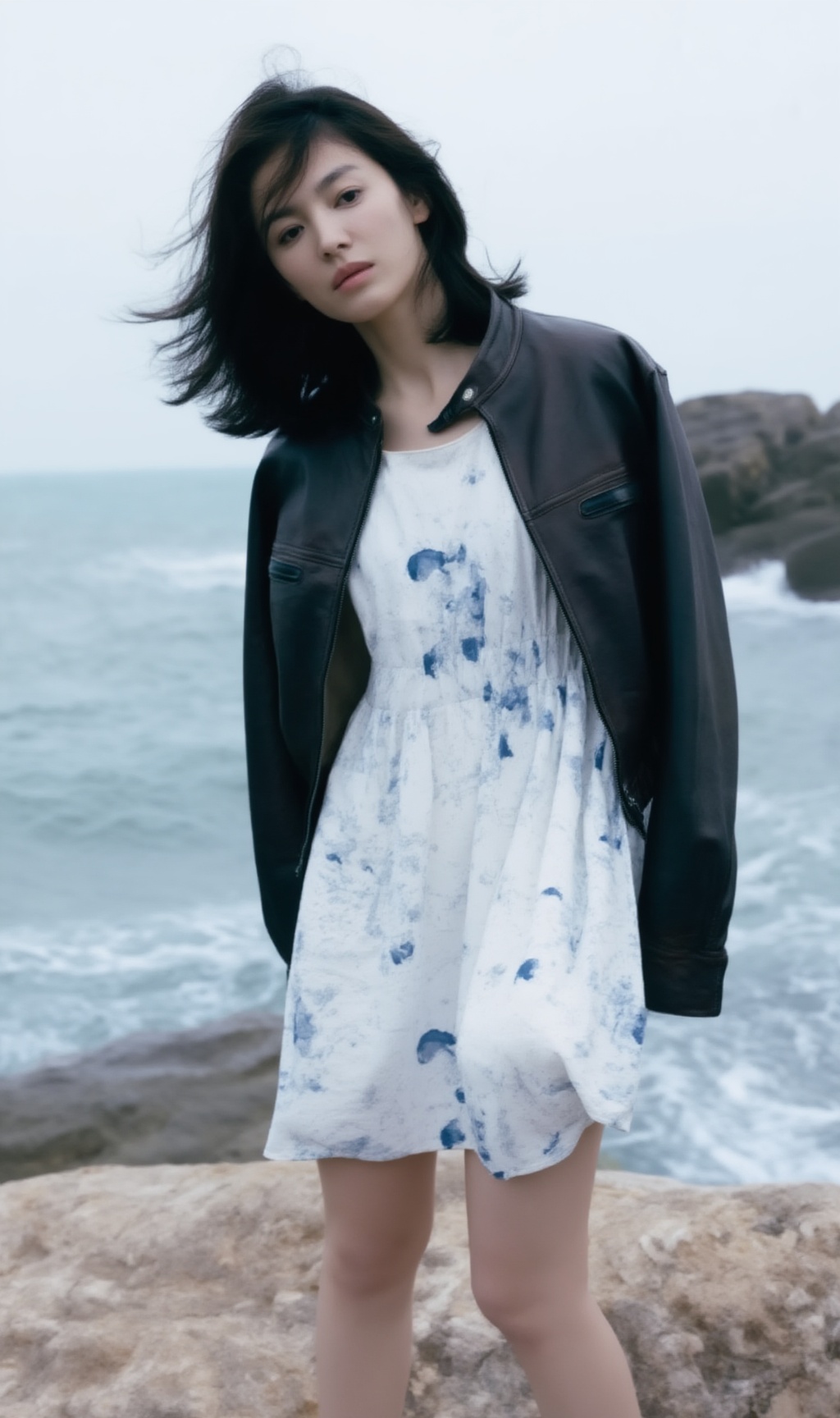 A realistic candid street portrait of a young woman standing by a rocky seaside on a windy day. Medium full-body framing,...