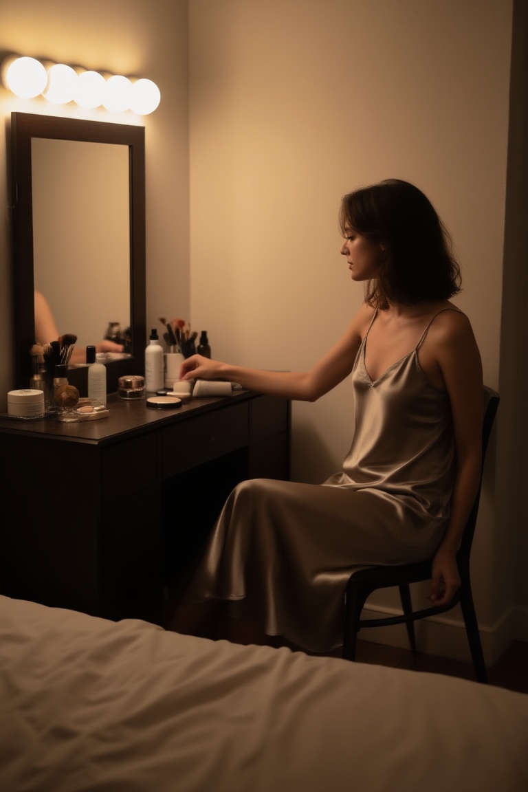 A candid bedroom vanity scene at night. An urban woman sits casually in front of a dressing table,  wearing a silk evening...