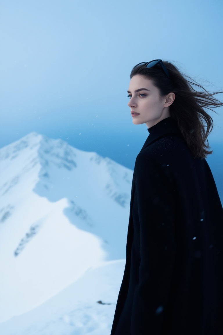 A solitary woman in a long black coat stands on a vast snowy mountain ridge,  facing strong alpine winds,  her coat and ha...