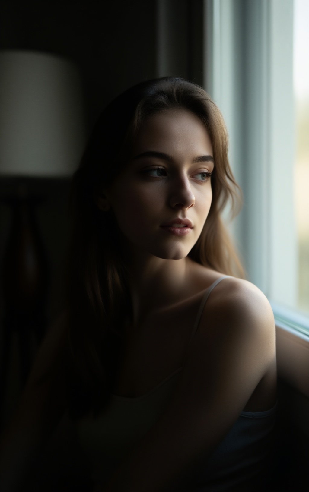 A low-light indoor candid portrait of a young woman sitting quietly by a window. Soft natural window light shapes her face...