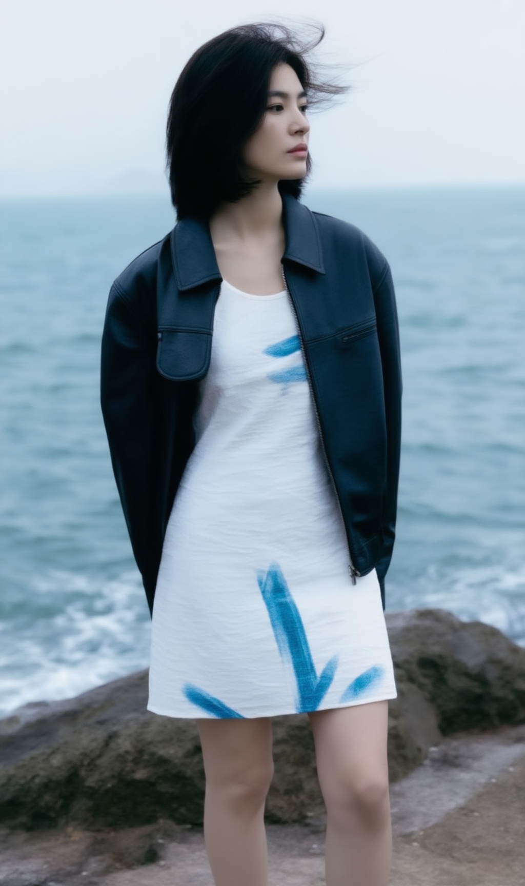 A realistic candid street portrait of a young woman standing by a rocky seaside on a windy day. Medium full-body framing,...