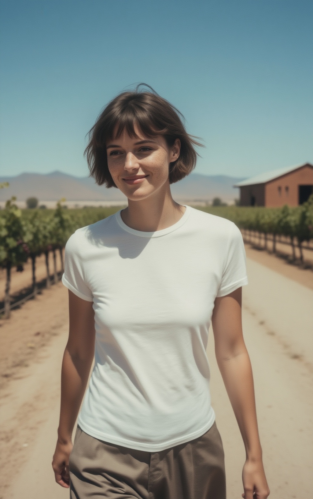 A retro-style candid street photograph of a short-haired woman walking through a winery setting. upperbody focus. Subtle f...