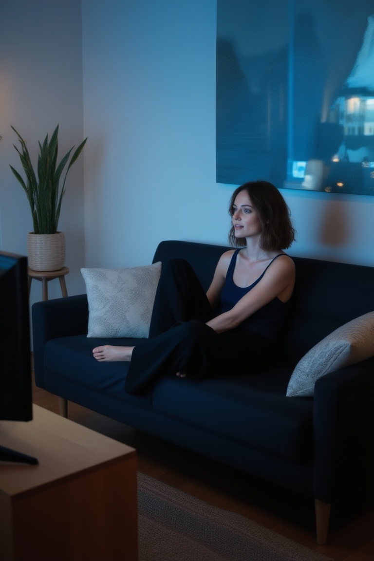 A candid living room scene in the evening. An urban woman relaxes on a couch watching TV,  sitting comfortably with natura...