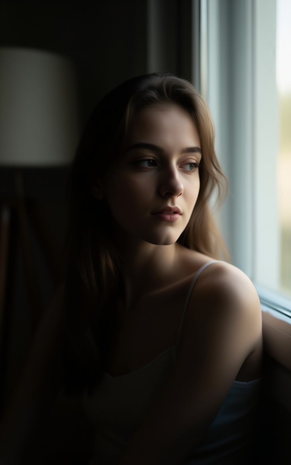 A low-light indoor candid portrait of a young woman sitting quietly by a window. Soft natural window light shapes her face...