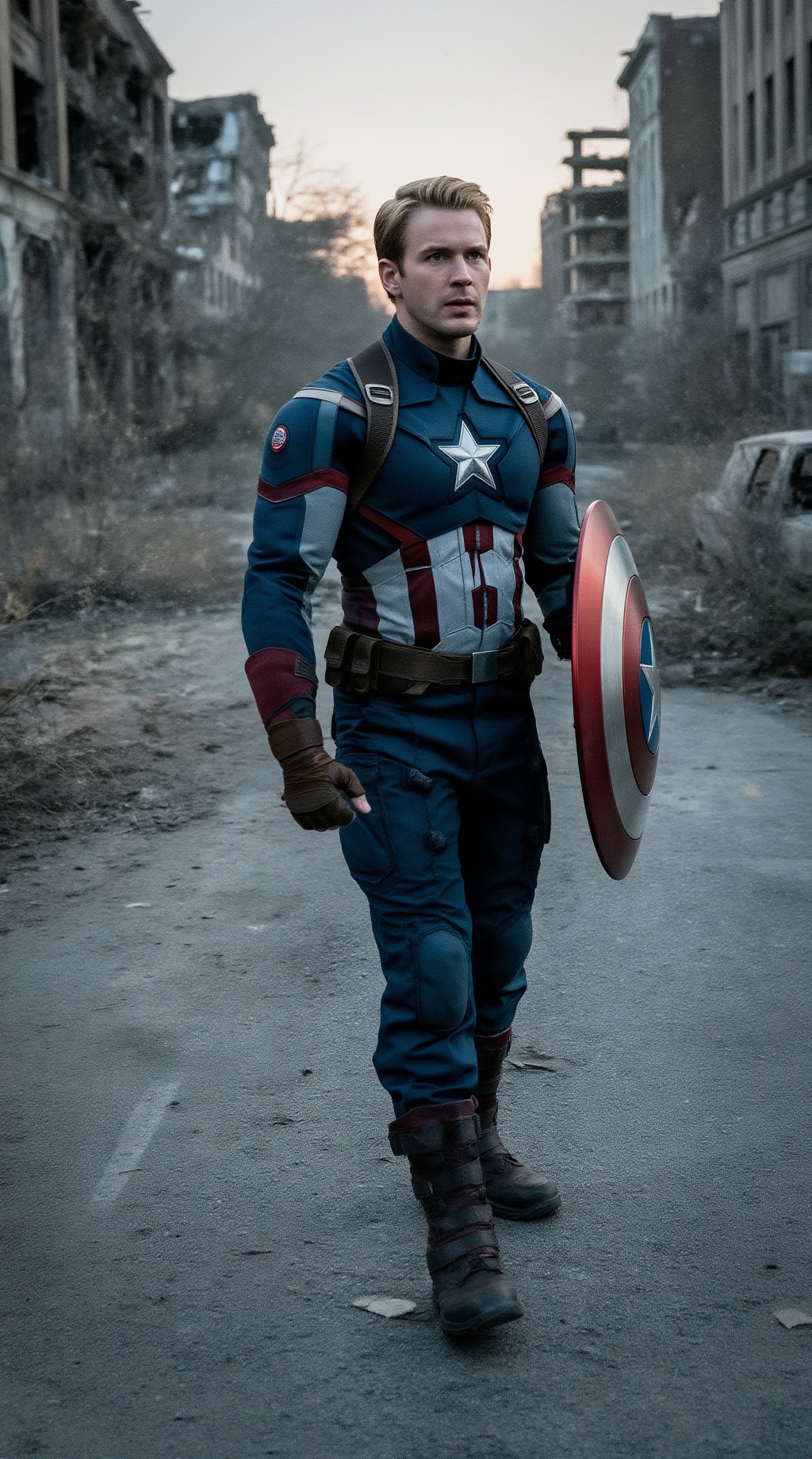 A candid-style photograph of Captain America standing in a ruined city street at dawn,  holding his shield loosely in one...