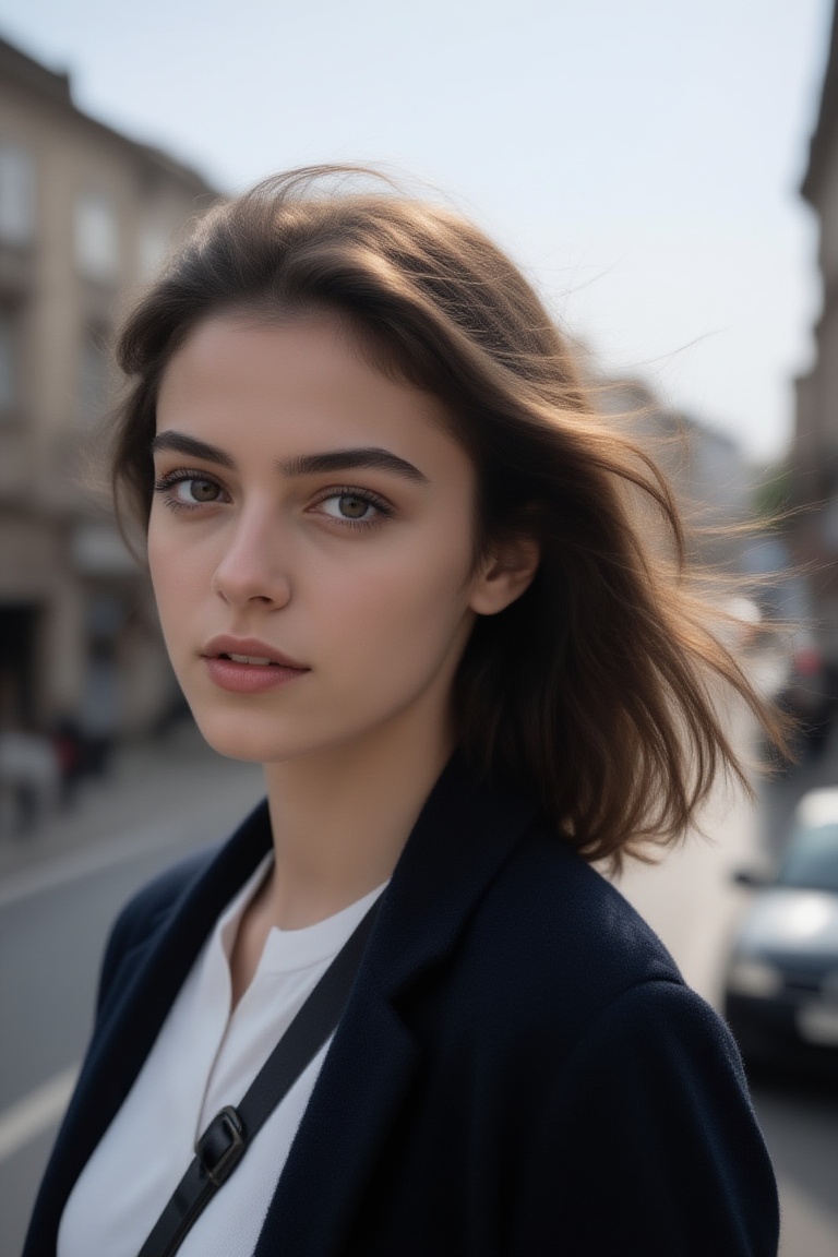 A realistic street portrait of a young woman on a breezy day,  hair gently moving in the wind,  natural daylight on Tensor...