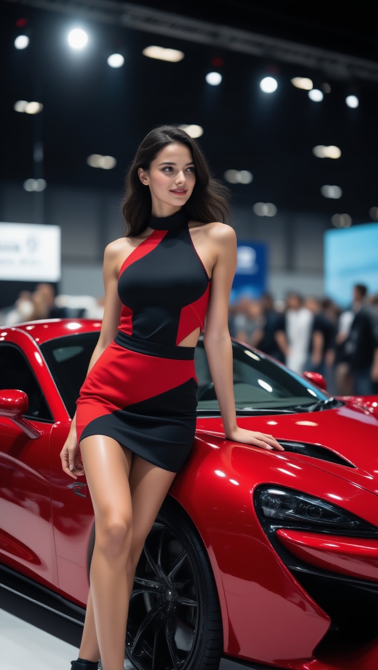 A striking high-fashion automotive show scene featuring a confident young woman posing beside a glossy red supercar at an...