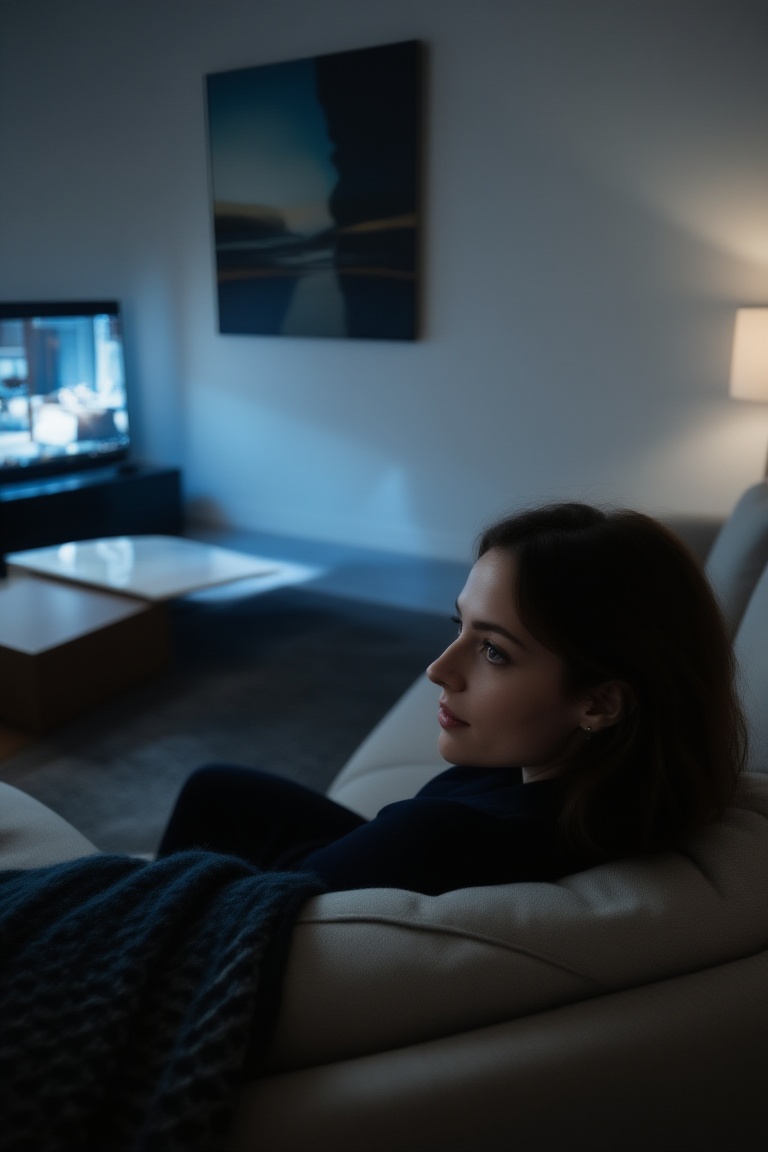 A candid living room scene in the evening. An urban woman relaxes on a couch watching TV,  sitting comfortably with natura...