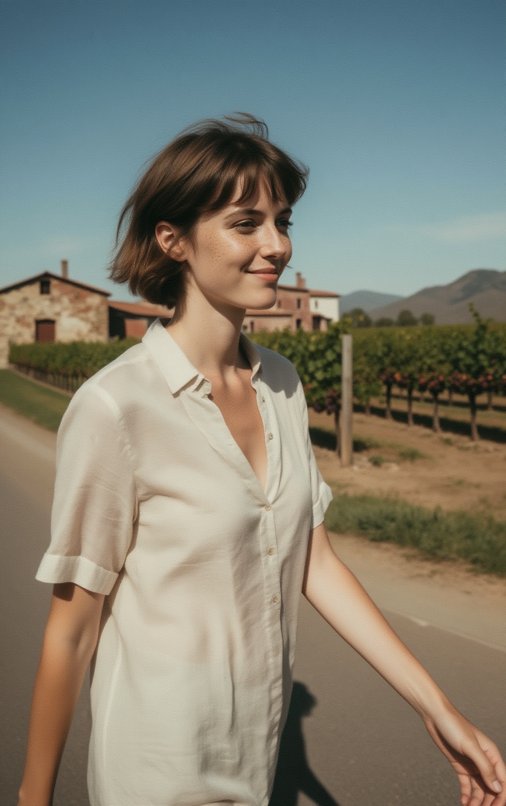 A retro-style candid street photograph of a short-haired woman walking through a winery setting. upperbody focus. Subtle f...