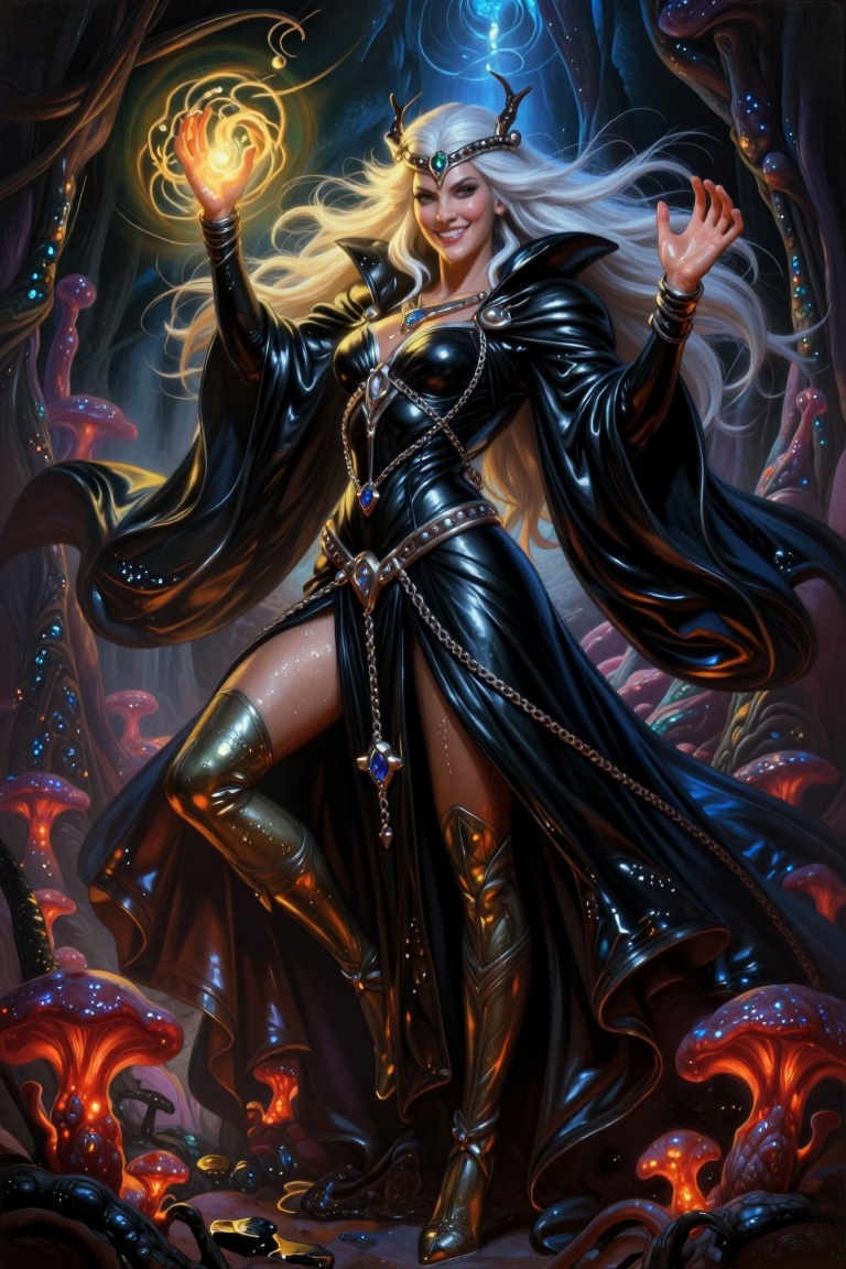 [A Classic digital illustration of] Dungeons & Dragons-inspired illustration of a mysterious female drow sorceress in dyna...