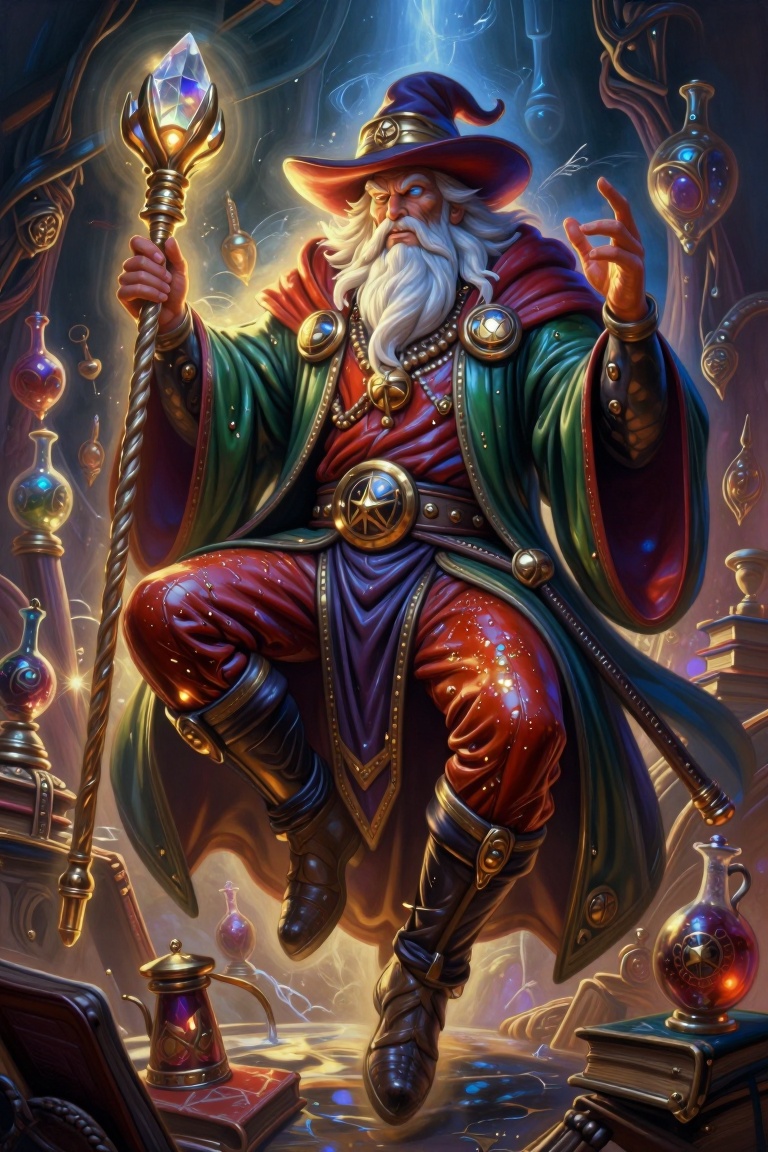 [A Classic digital illustration of] Dungeons & Dragons-inspired illustration of a wise male gnome wizard in dynamic levita...