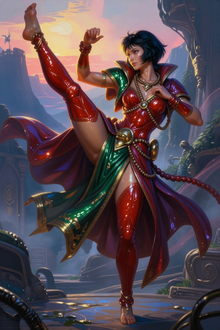 [A Classic digital illustration of] Dungeons & Dragons-inspired illustration of a graceful female half-elf monk in dynamic...