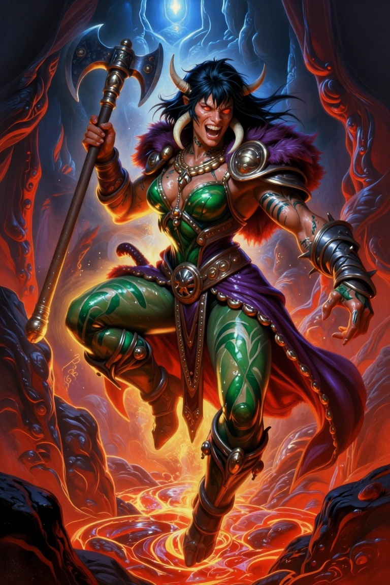 [A Classic digital illustration of] Dungeons & Dragons-inspired illustration of a powerful female orc fighter in dynamic d...