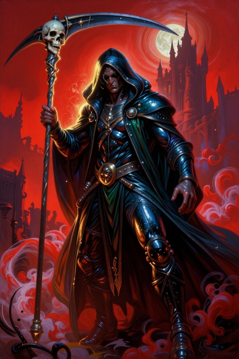 [A Classic digital illustration of] The image depicts a dark,  ominous figure cloaked in black,  wielding a large scythe a...