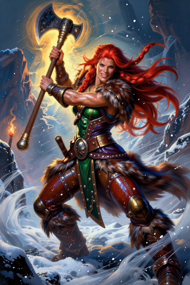 [A Classic digital illustration of] Dungeons & Dragons-inspired illustration of a fierce female human barbarian in dynamic...