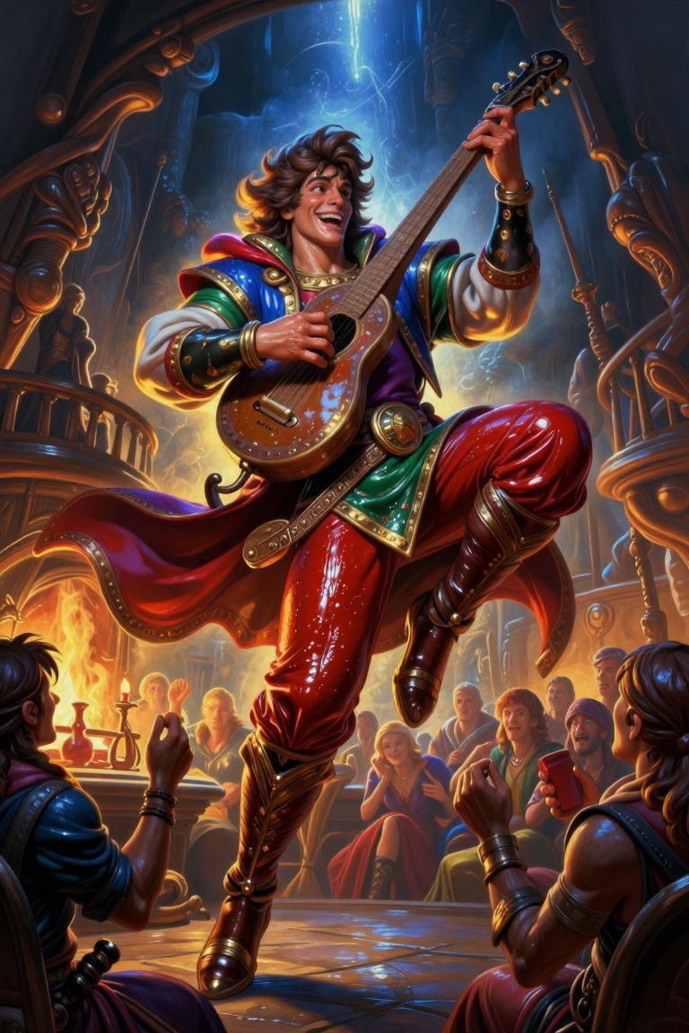 [A Classic digital illustration of] Dungeons & Dragons-inspired illustration of a charismatic male halfling bard in dynami...