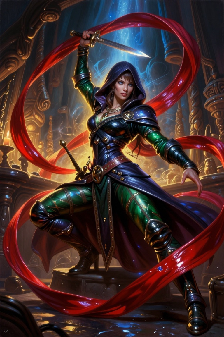 [A Classic digital illustration of] Dungeons & Dragons-inspired illustration of a fierce female rogue in dynamic crouching...