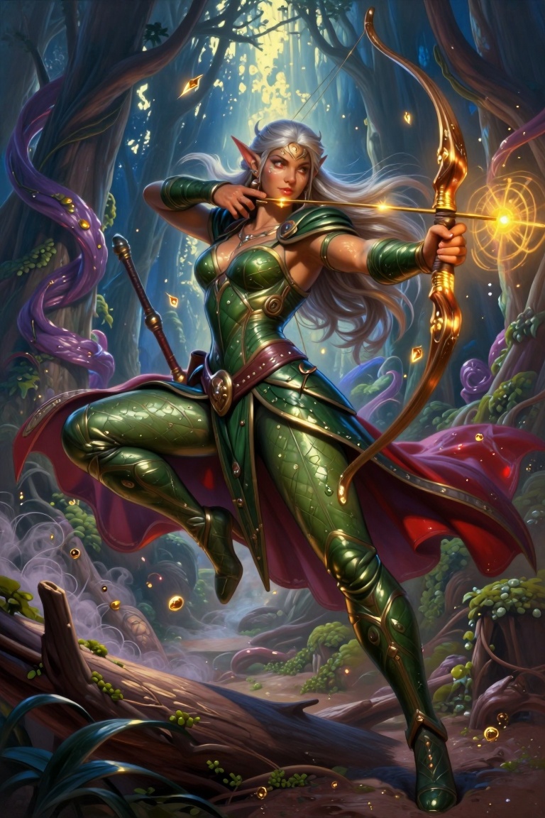 [A Classic digital illustration of] Dungeons & Dragons-inspired illustration of an agile female wood elf ranger in dynamic...