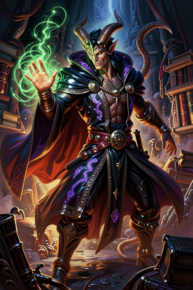 [A Classic digital illustration of] Dungeons & Dragons-inspired illustration of a cunning male tiefling warlock in dynamic...