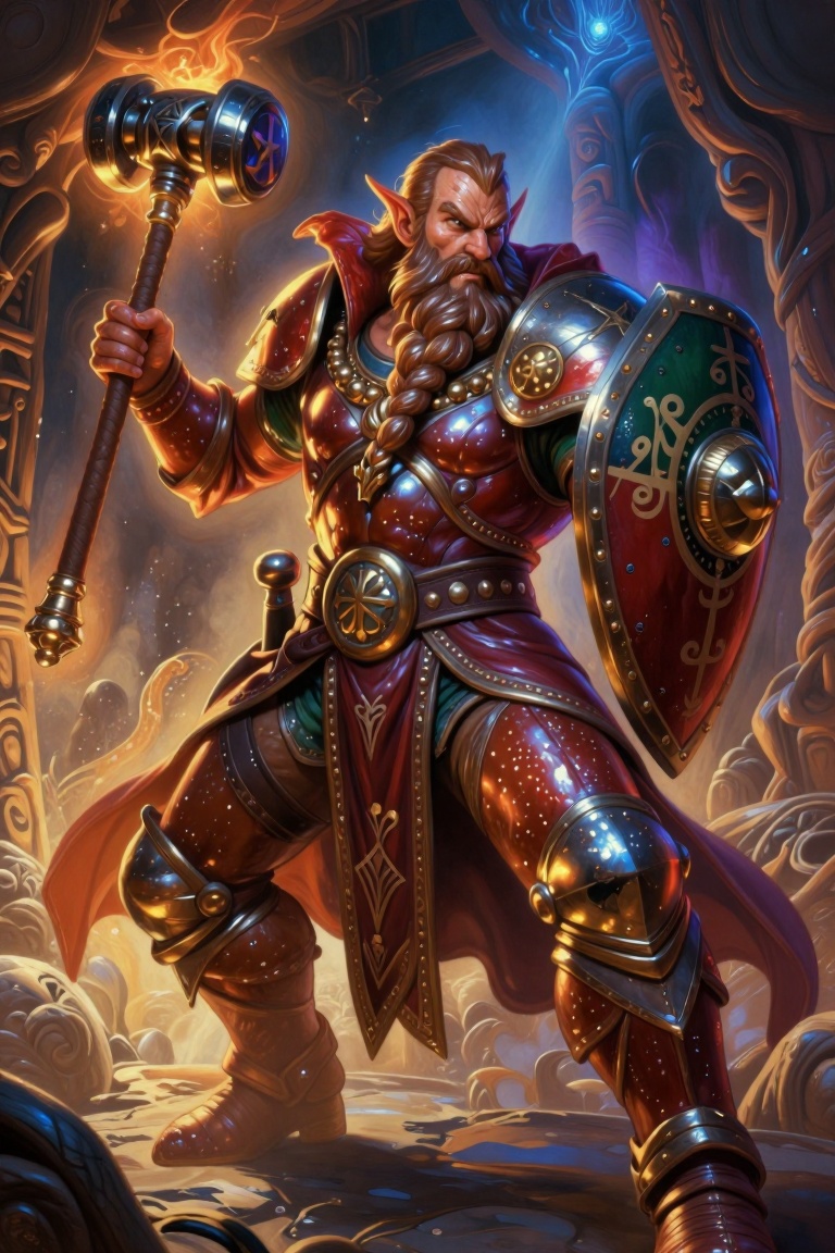 [A Classic digital illustration of] Dungeons & Dragons-inspired illustration of a stoic male dwarf paladin in dynamic shie...