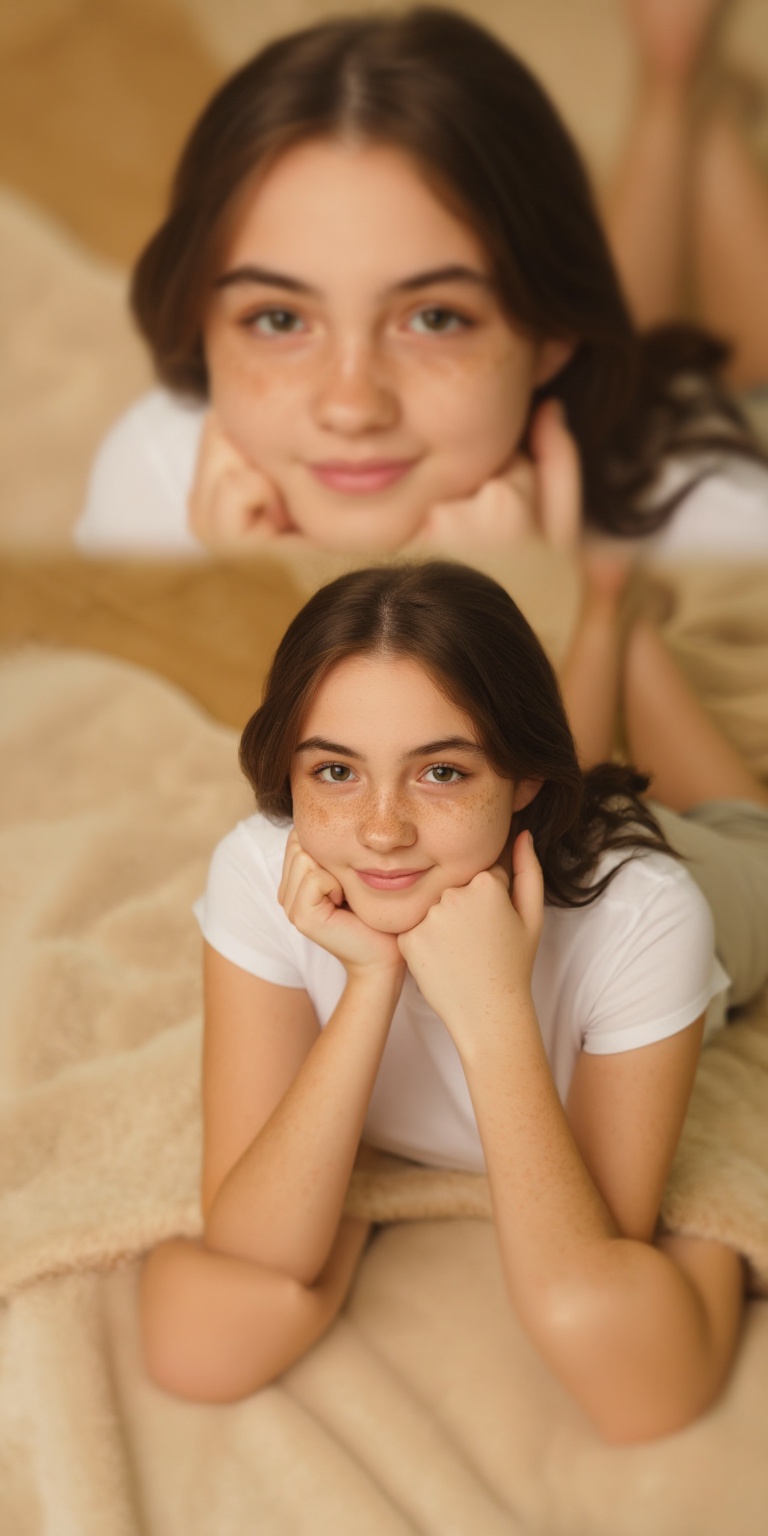 a photo-realistic shoot from above about a young woman with freckles resting chin on hand,  looking directly at the camera...