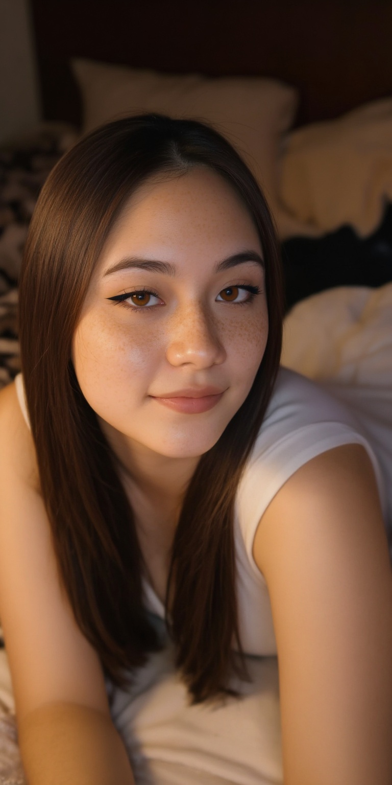 a photo-realistic portrait of a young woman with long,  straight,  dark brown hair and freckles on Tensor.Art