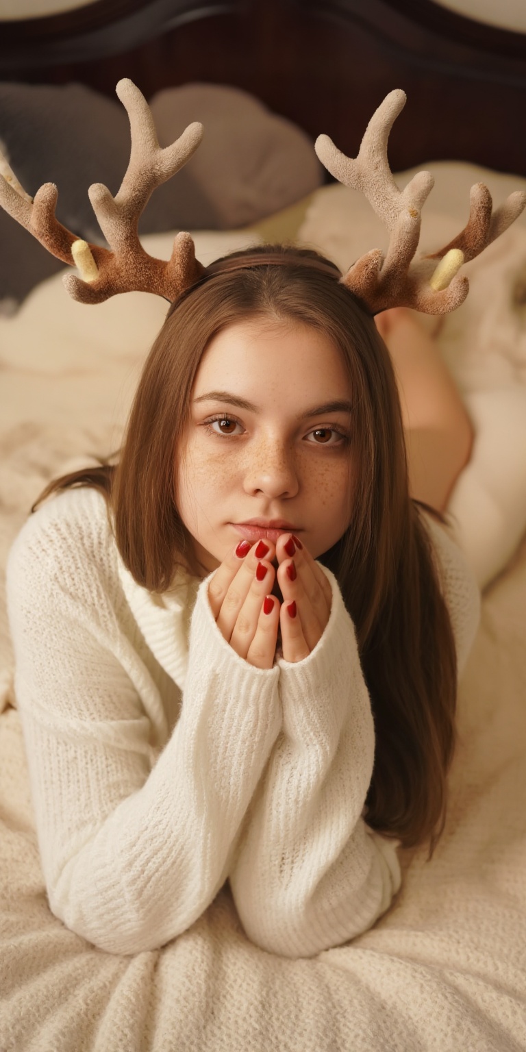 a photo-realistic portrait shoot from above about a young woman lying on a bed with a cozy blanket,  wearing a white sweat...